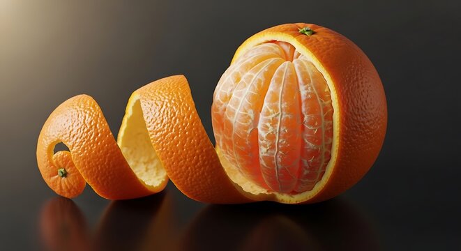 Striking close-up studio photograph captures the delicate process of peeling a ripe, vibrant orange revealing its juicy segments against a dramatic dark background emphasizing texture and freshness.