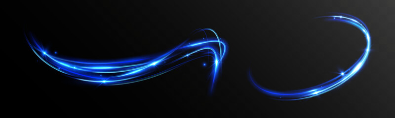 Blue neon light trails and glowing energy ring with sparkles on dark opaque background, futuristic motion abstract effect.