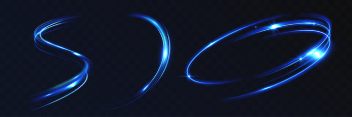 Blue neon light trails and glowing energy ring with sparkles on dark opaque background, futuristic motion abstract effect.