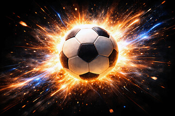 Fototapeta premium A soccer ball exploding with cosmic energy and vibrant light bursts