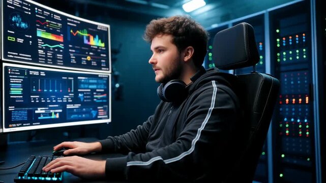 Focused individual analyzing data on multiple screens in a dimly lit tech environment