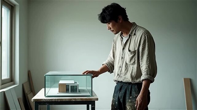 A focused individual examining a modern architectural model inside a spacious studio with natural light