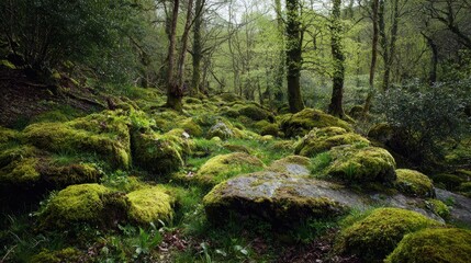 Fototapeta premium Exploring a dense forest filled with moss-covered rocks and green vegetation during the early hours of the day