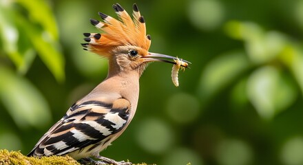 Hoopoe bird with crest and worm against blurred green background