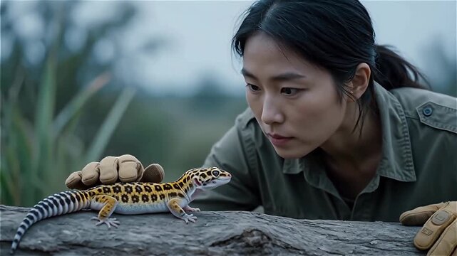 A focused woman in an outdoor setting gently reaching out to a vibrant yellow and black spotted gecko on a log during dusk