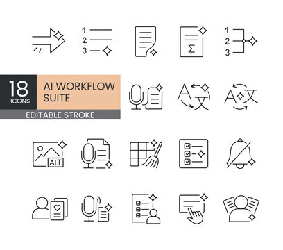 A set of editable stroke vector icons for AI workflow automation and productivity tools, designed in clean modern line style