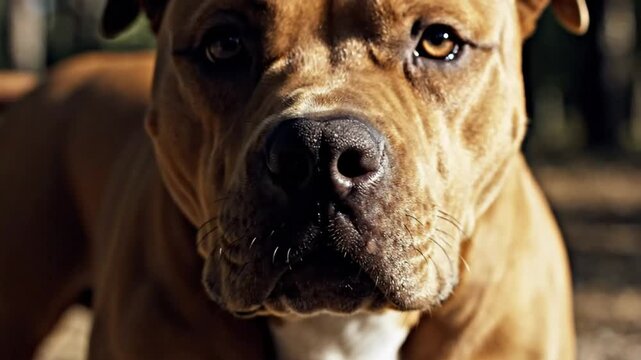 Close-up portrait of a majestic tan pit bull dog staring directly at the camera with a serious expression.