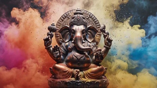 High quality cinematic video of ganesha statue emerging through thick colorful smoke from left and right inspired by holi festival sacred indian spiritual scene vibrant powders floating softly creatin