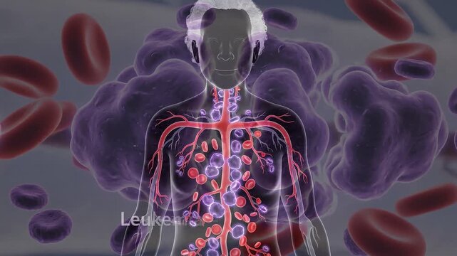 Microscopic view of blood flow showing red blood cells and leukemia cells developing inside a