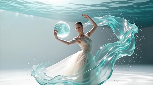 A graceful dancer performing elegantly under water, surrounded by flowing fabric and bubbles, capturing a serene and ethereal atmosphere