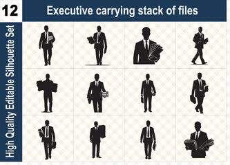 Silhouette set of 12 executives carrying a stack of files and documents, representing busy workload, office bureaucracy, and professional management.
