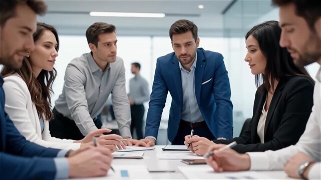 Group of professionals engaged in a serious business meeting, focusing on collaborative discussion and teamwork in a modern conference room