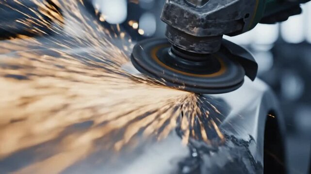 Sparks fly as angle grinder grinds down a car's metal body during an automotive repair