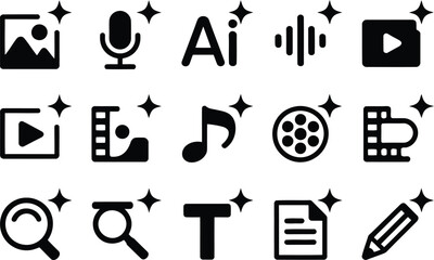 Obraz premium Black silhouette icons representing media, artificial intelligence, audio, and video editing functions with sparkling effects