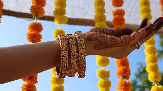 Hands adorned with intricate henna designs and golden bangles, set against a vibrant floral backdrop in bright sunlight