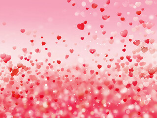 淡いピンクの背景に下から上に浮かんでいくたくさんの赤、ピンク、白のハート形