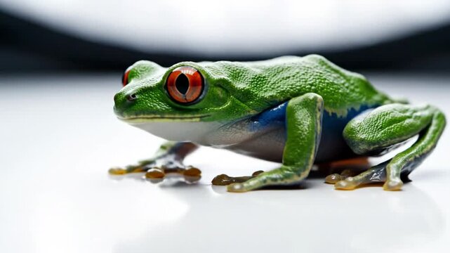 Close-up of a vibrant green red-eyed tree frog on a white surface with a blurred background