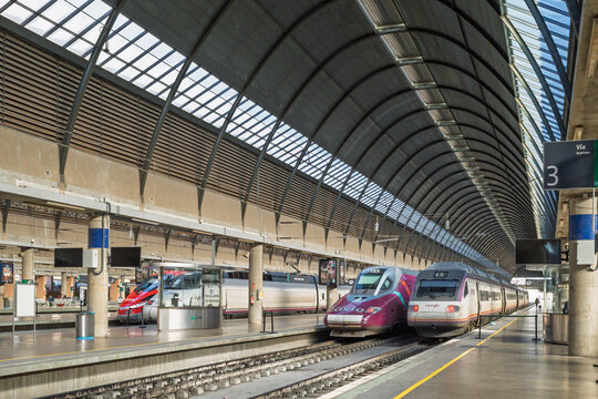 High-Speed Trains at Modern Santa Justa Railway Station in Seville, Spain