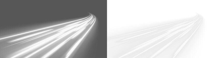 Neon white laser motion speed lines curve across city highway road traffic. Light energy wave forms futuristic trail. Illustration png vector. White air hides the whirlwind.  © Mirotvoric