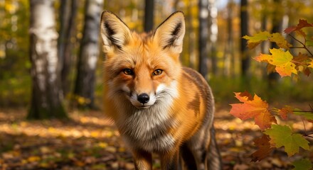 Vibrant red fox in autumn forest surrounded by colorful foliage