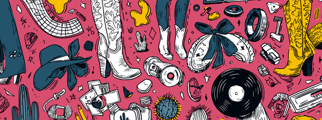 Obraz premium cowboy style disco banner for party western style art drawing design vector illustration