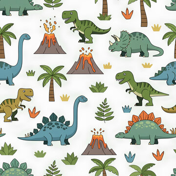 Colorful Dinosaur Pattern with Volcanoes and Palm Trees 14.