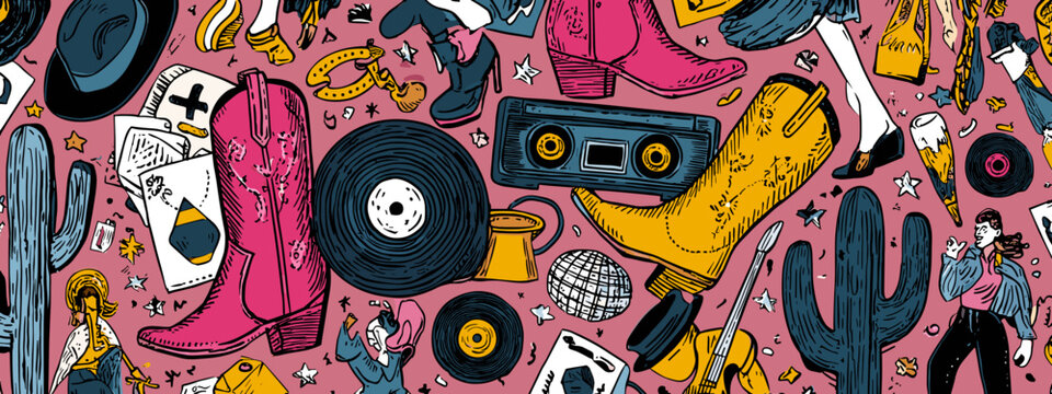 cowboy style disco banner for party western style art drawing design vector illustration