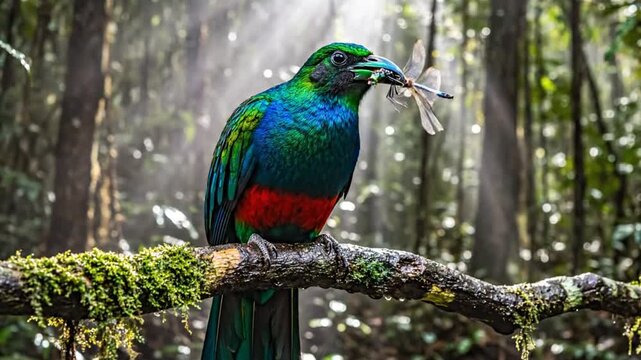 Glorious resplendent quetzal bird perched on a mossy branch holding a dragonfly in its beak with forest background