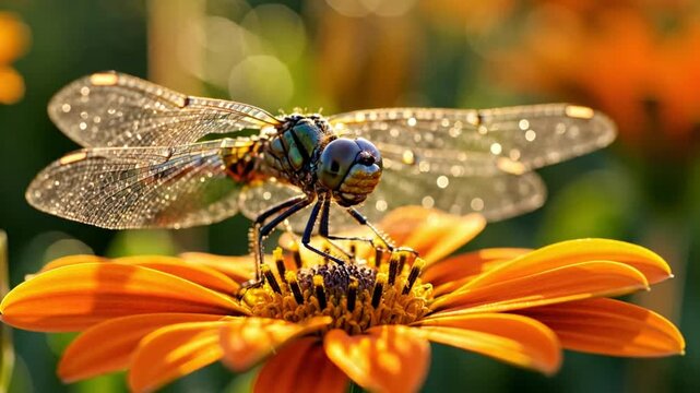 Close-up of a vibrant dragonfly perched on a bright orange flower with blurred background in the sunlight.