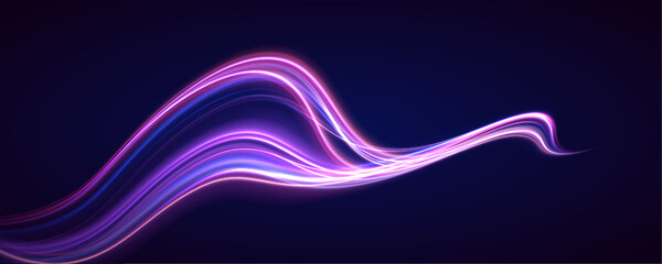 Futuristic neon laser motion lines sweep across city highway road traffic in dark atmosphere. Light wave energy trail forms glowing direction, smooth movement with color effects. Vector Illustration. © Mirotvoric
