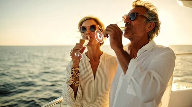 Elegant mature couple in sunglasses enjoying a luxurious sunset toast with champagne on a private yacht, celebrating a special moment during their upscale ocean getaway