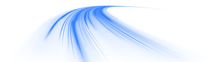 Futuristic neon laser blue motion lines sweep across city highway road traffic. Light wave energy trail shapes dynamic movement and glowing direction. Cold wind enhances motion. PNG vector. © Mirotvoric