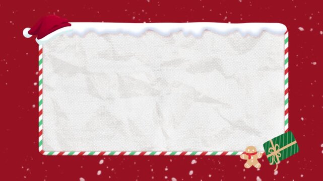 Crumpled white paper is used as a background. It includes a frame with a red and white striped border, a Santa hat, a gingerbread man, and a gift box.