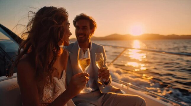 Elegant couple raising champagne glasses on a luxury yacht, celebrating a romantic golden hour toast as the sun dips below the serene ocean horizon