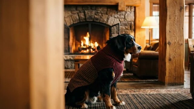 dog in sweater. A cozy, rustic lounge area featuring a leather couch, warm lighting from a floor lamp, and wooden beams that create an inviting atmosphere for relaxation