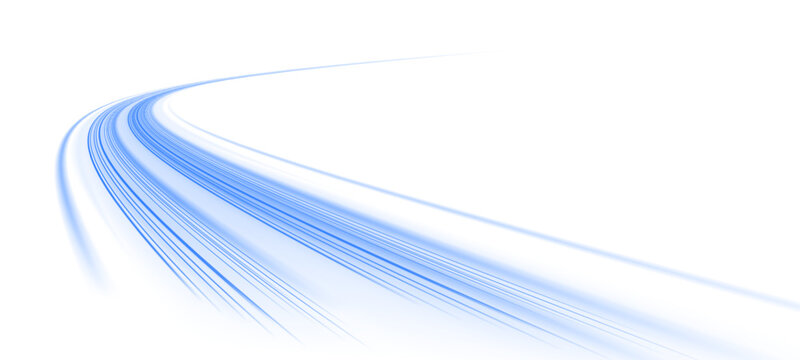 Neon laser blue speed motion lines travel across city road highway traffic. Light wave energy trail builds futuristic direction and glowing movement. Liquid flow inspires form. PNG vector.