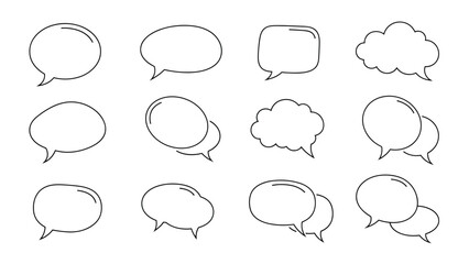 Fototapeta premium Set of clean black outline speech bubbles in various round and oval shapes, some overlapping, for dialogue on a white background.