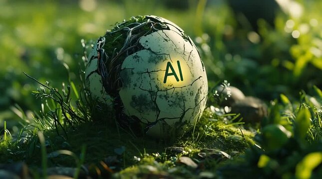Futuristic stone egg with glowing green AI logo and robotic roots in a forest