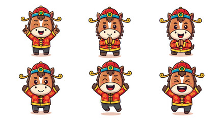 Obraz premium Cute cartoon zodiac horse character wearing colorful traditional Chinese New Year costume and festive hat, chibi style, bright cheerful colors, clean outline, character pose sheet layout