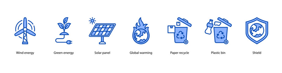 Renewable Energy web banner illustration featuring Wind energy, Green energy, Solar panel, Global warming, Paper recycle, Plastic bin, and Shield.