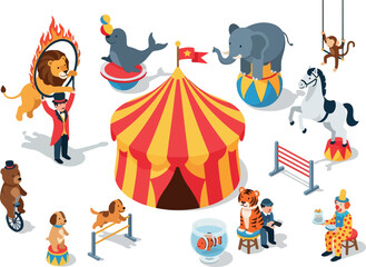 Vibrant circus scene with performers, animals, and tent from an aerial viewpoint © Chico Store