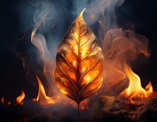 single burning leaf surrounded by flames and smoke in dramatic scene