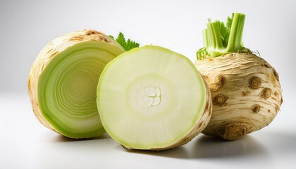 celeriac with slice is presented against a white background showing fresh nutritious produce