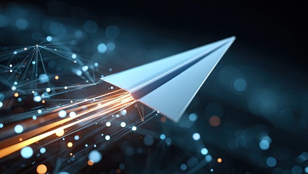 A paper airplane streaks through a web of glowing digital connections