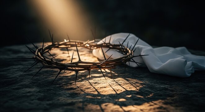 crown of thorns and white cloth on stone under dramatic sunlight symbolizing sacrifice and faith
