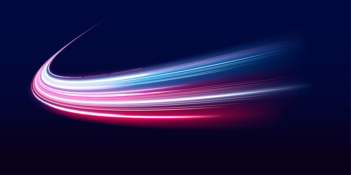 Neon laser motion lines sweep along night city highway road traffic. Light wave energy trail shapes futuristic direction, glowing movement with color highlights police. Vector illustration.