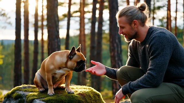 A man interacts with his dog in a serene forest setting, surrounded by tall trees and soft sunlight