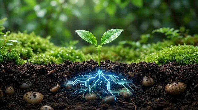 Seedling with glowing circuit roots symbolizing green technology