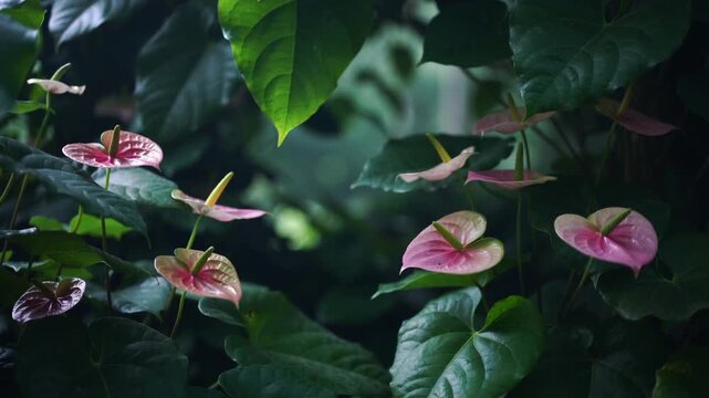 Shifting pink anthurium spathes moving in greenhouse by light and breeze, showing yellow spadices