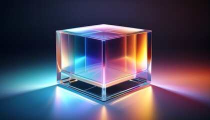 colorful abstract transparent cube with gradient reflection illuminated by light sources